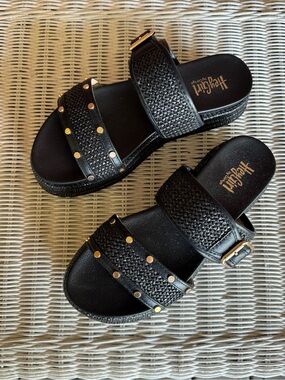 Corkys Black Woven Double-Strap Slide Sandals with Gold Accents